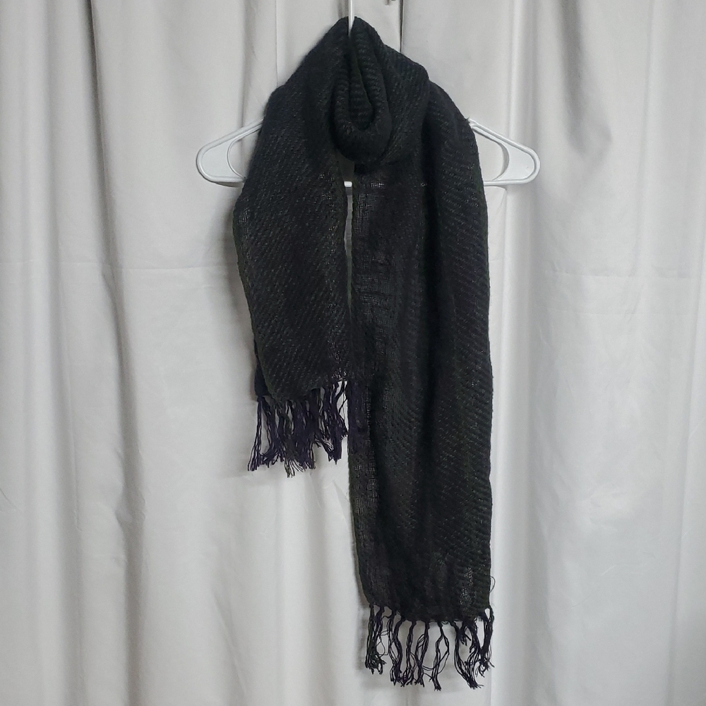 Handwoven Lisbeth Mulcahy Green Purple Fringed Cotton Linen Scarf Ireland 15x63"
